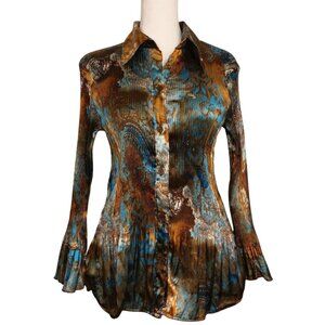 Vintage 90s Y2K Long Sleeved Plisse Blouse Size Medium Brown & Blue Paisley